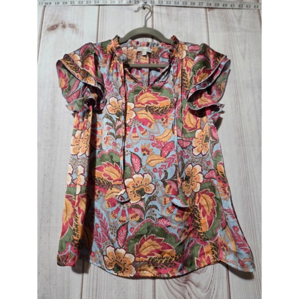 Chenault Floral Satin Flutter Sleeve Blouse Blue Pink Green Size Small